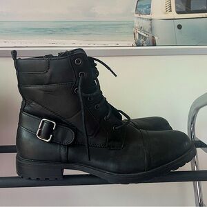 Nevada combat boots leather lace up winter fall moto biker black silver classy